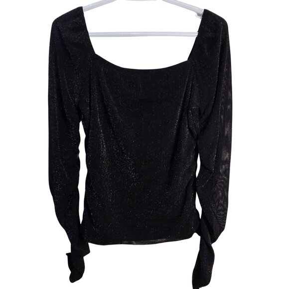 NWOT | Black Sheer Sparkly Glitter Long Sleeve Square Neck Blouse | Large - Picture 1 of 6